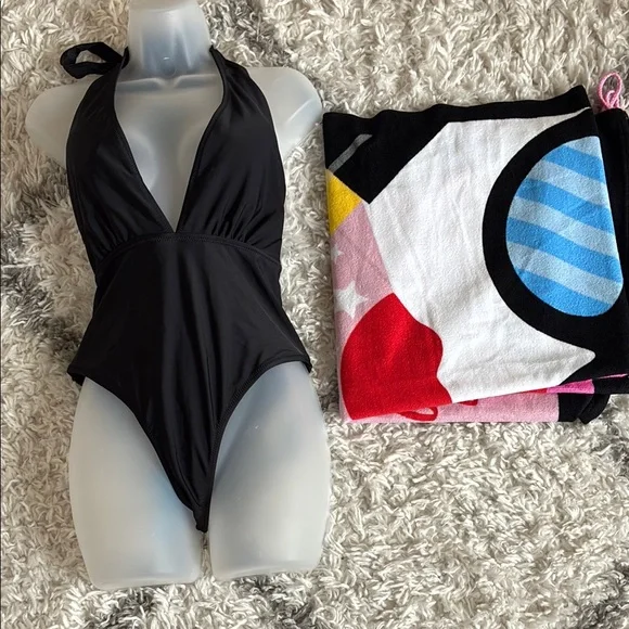 Black Halter One Piece Swimsuit with Plunging V-neckline with Towel - Picture 1 of 10